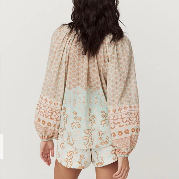 Spell Green Puff Sleeve Blouse with Tie Front - Picture 2 of 5